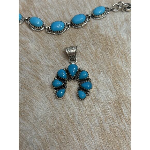 Native American SW Sterling Silver Blue Turquoise Naja Squash Blossom Pendant - Picture 2 of 8